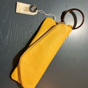 Mud Pie Yellow Leather Wristlet with Wooden Handle